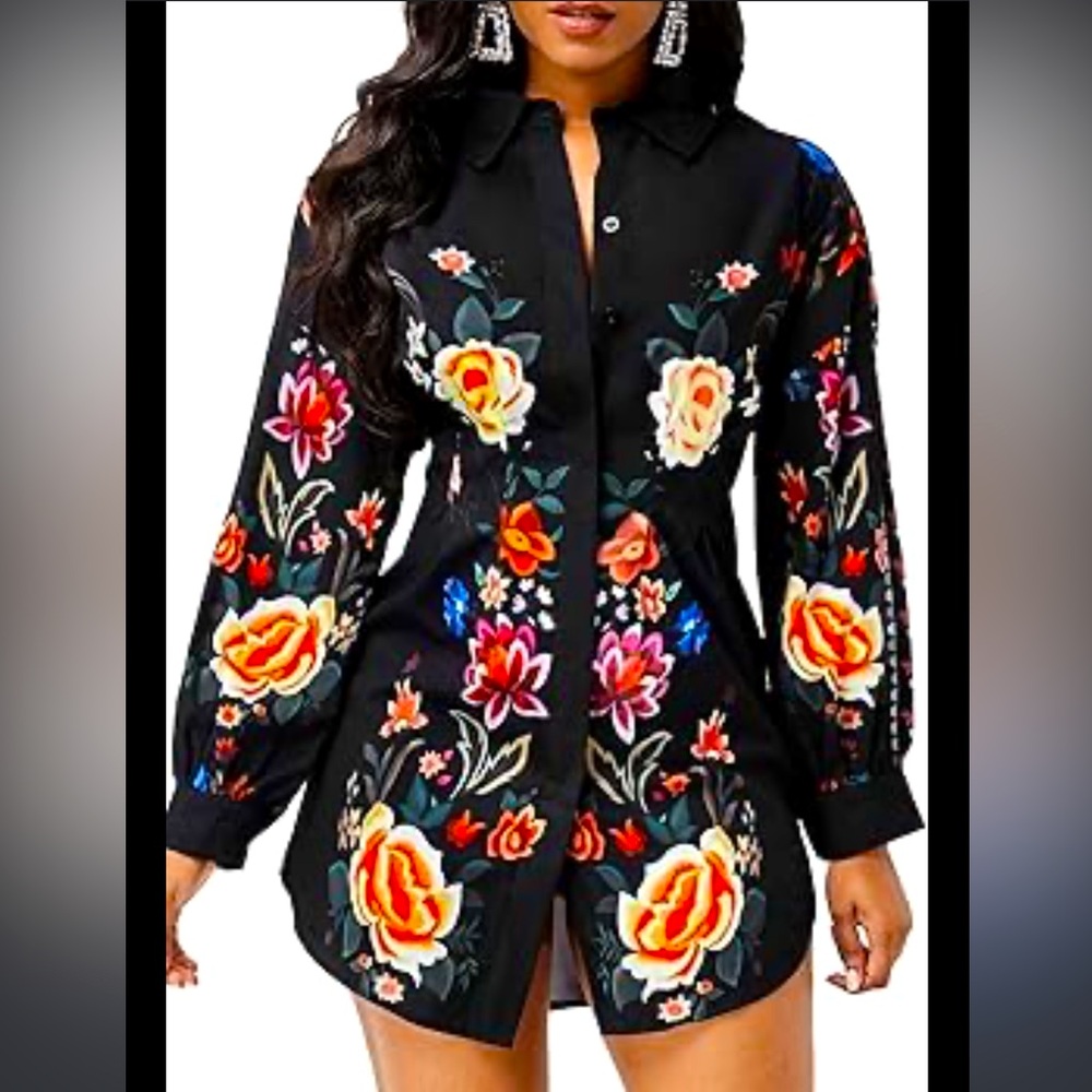 Exotic black button up mini shirt dress with bold Aztec floral print
